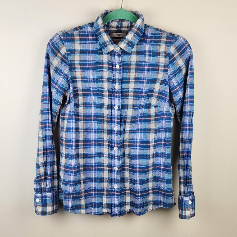 J. Crew Blue Plaid Perfect Lightweight Cotton Button Up Shirt sz 2